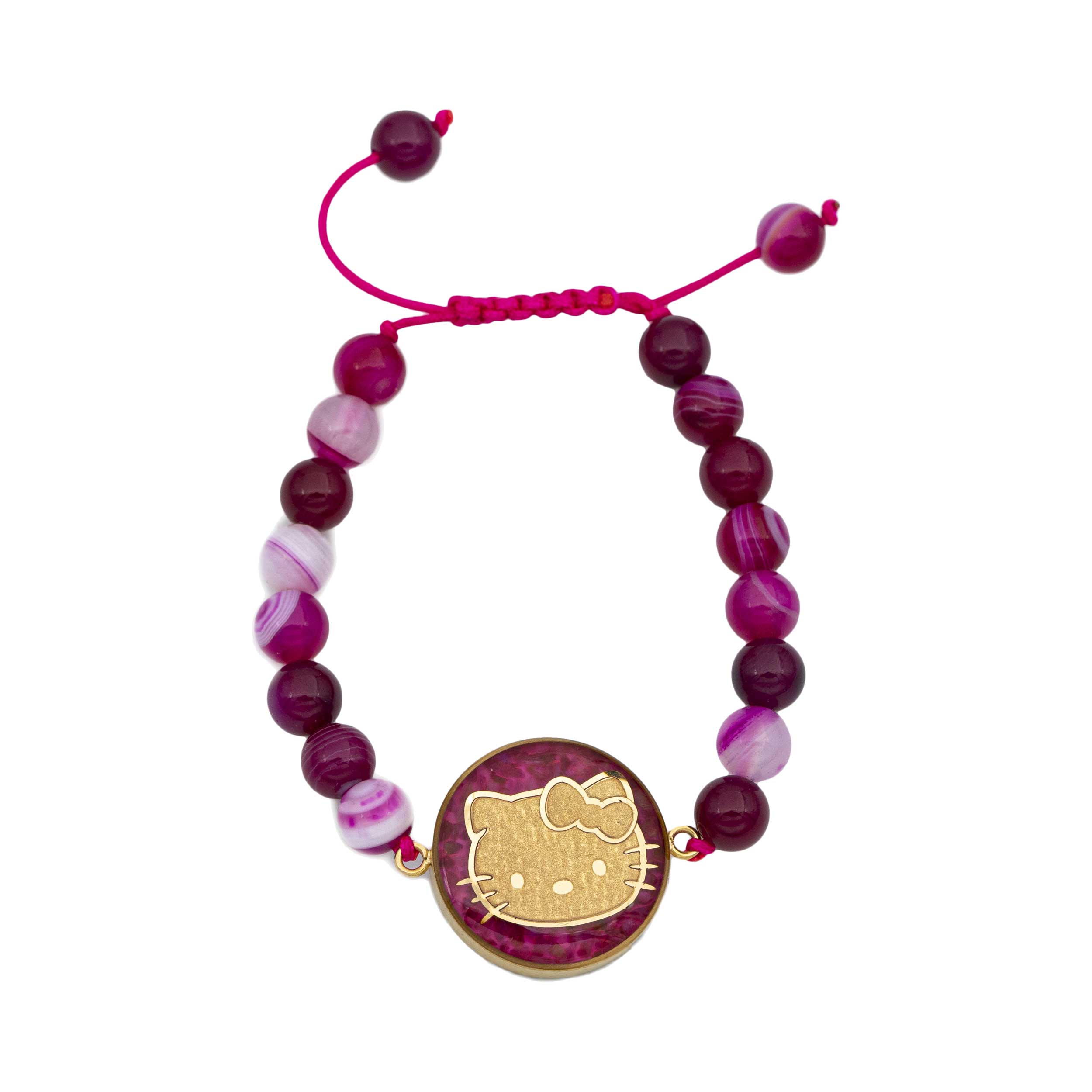Pink opal stone bracelet and 24 carat gold leaf Kitty design