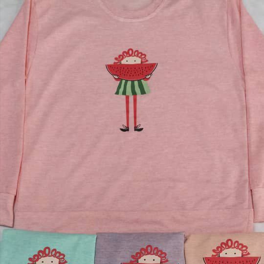 Watermelon design women's blouse and girl with curly hair made of melange in 6 colors up to size 44