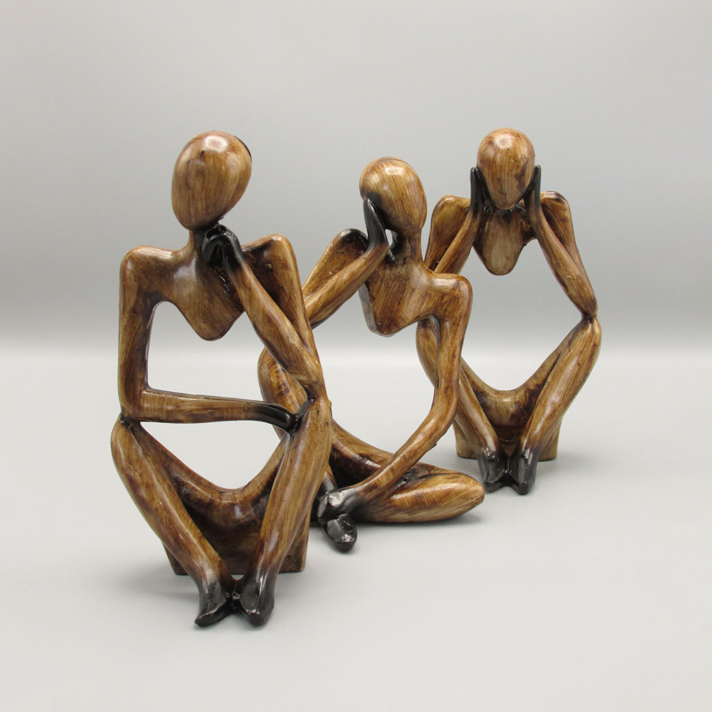 Three-piece wooden thinker brain sculpture