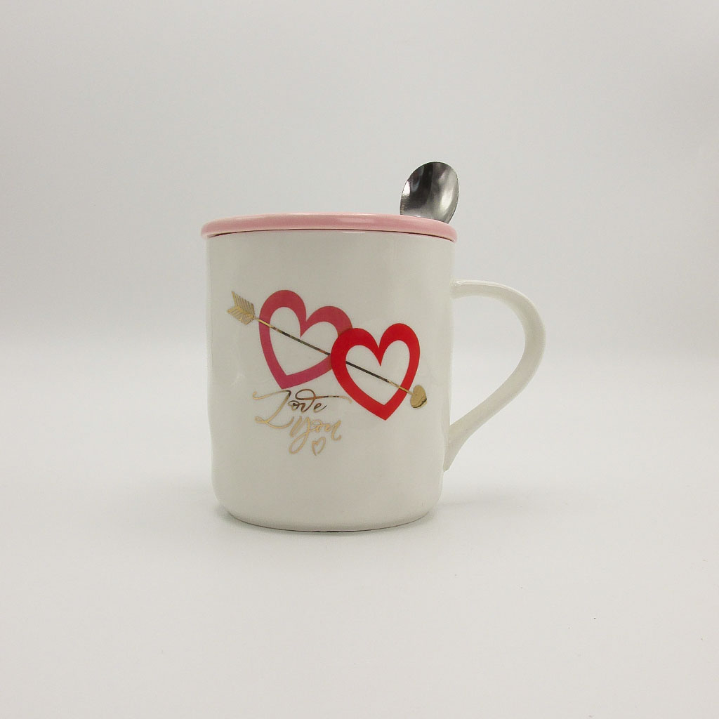 wholesale White ceramic mug with pink heart design