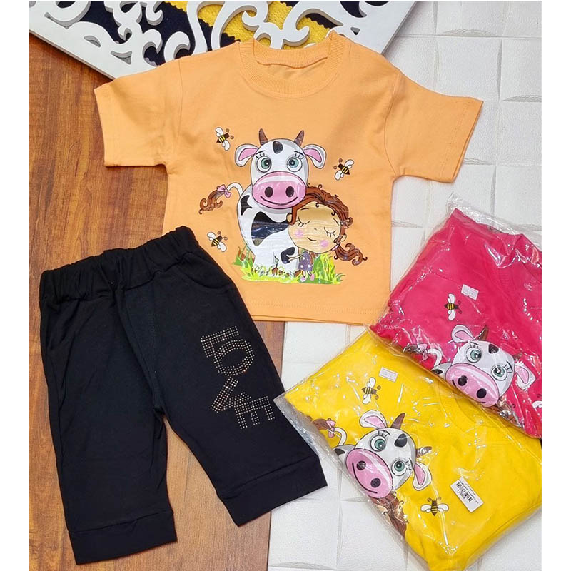 Set of Round Collar T -Shirt (Girl Design in Grass) and Shorts