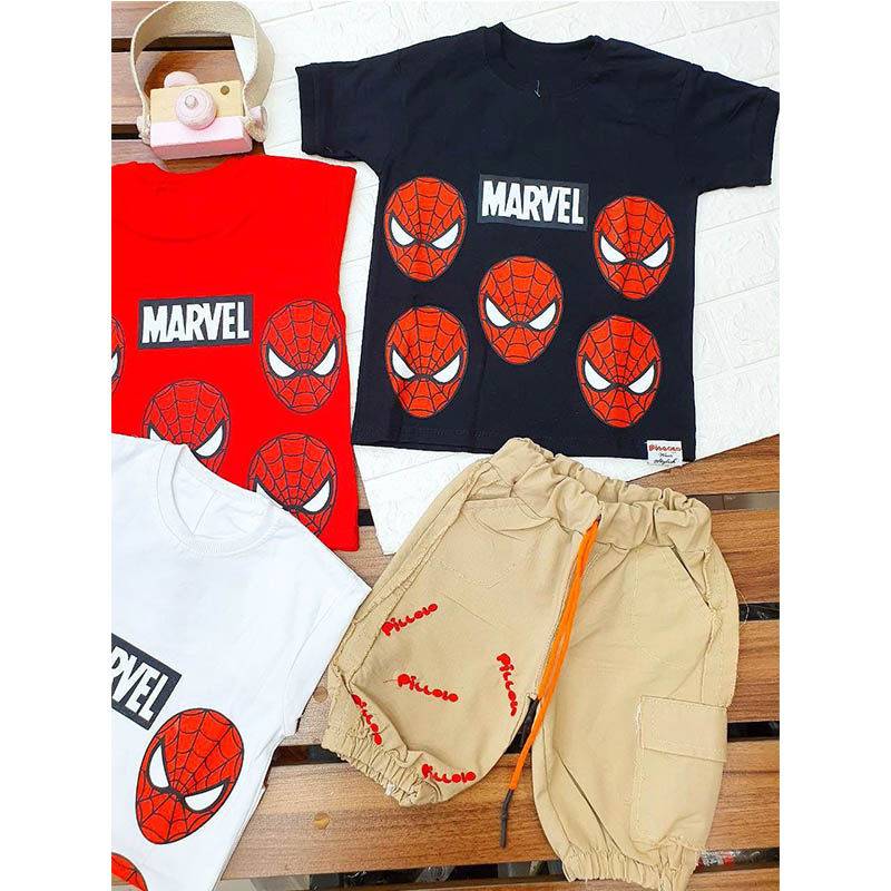 Set of T -Shirts (Spider -Man Marvel Design Round) and Shorts (Waist, Package and Tak Pico Pocket Pocket Pocket Cotton in a variety of colors