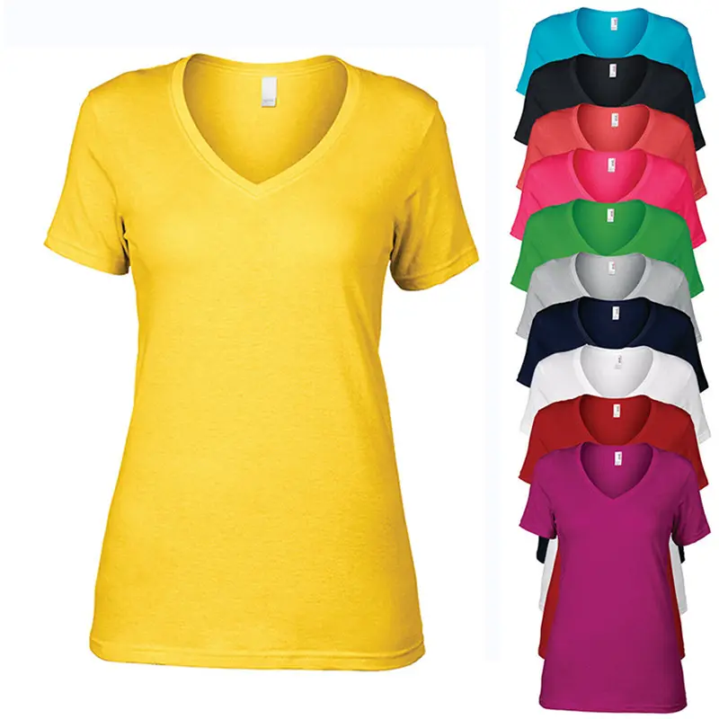 تی شرت زنانه  یقه عمیق بدون مارک 100% نخی رنگ بندی موجود در تصویر 