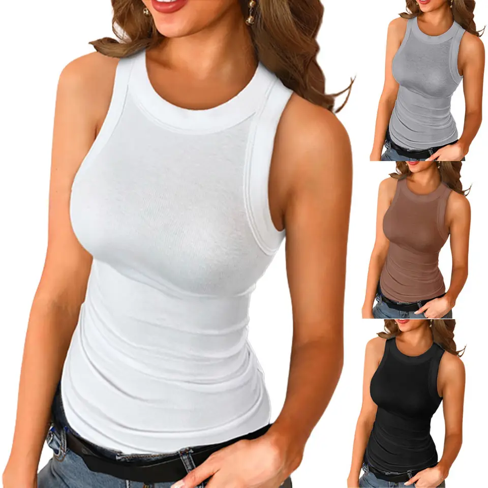 تی شرت گاه به گاه زنانه  با جلیقه زنانه گرد با آستین کوتاه رنگ بندی موجود در تصویر