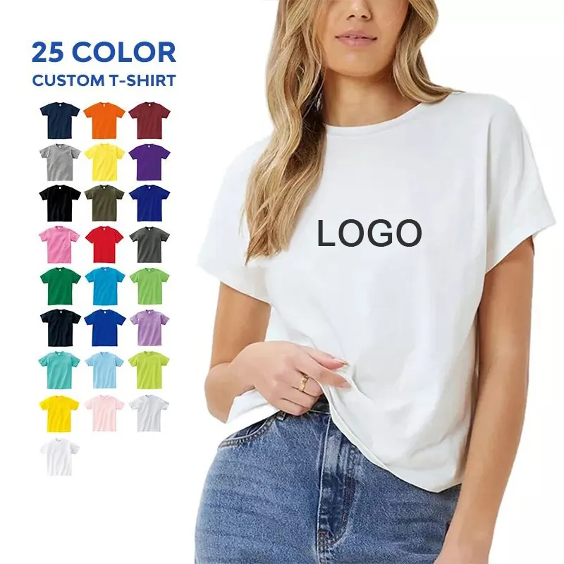 خرید عمده تی شرت زنانه با لوگوی سفارشی چاپی رنگ بندی موجود در تصویر