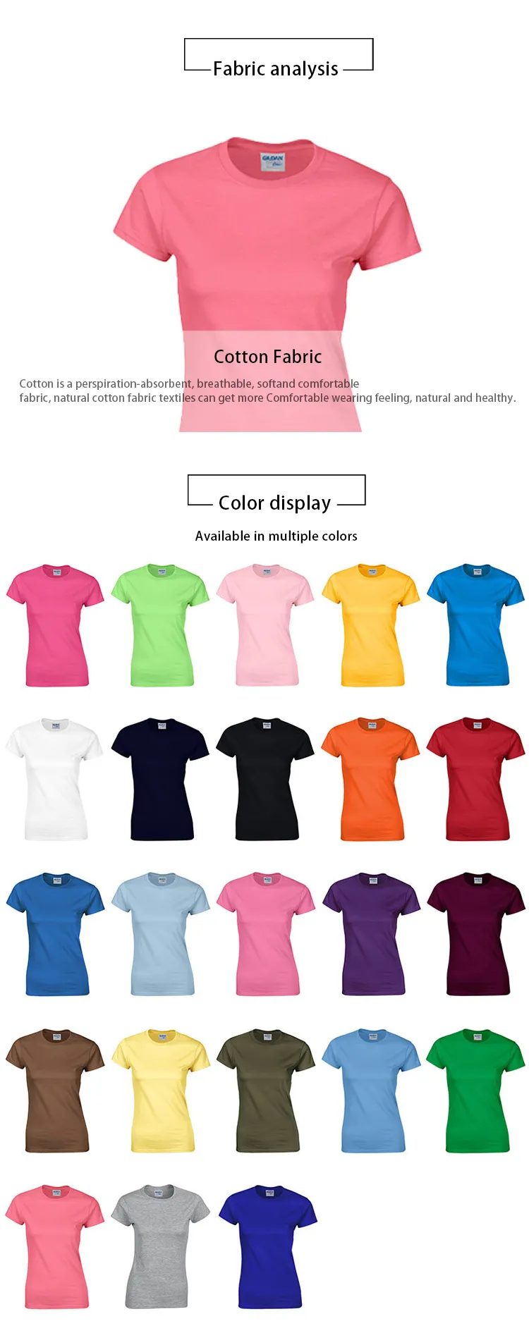 خرید عمده تی شرت خالی زنانه آستین کوتاه تابستانی یقه O 100% پنبه رنگ بندی موجود در تصویر