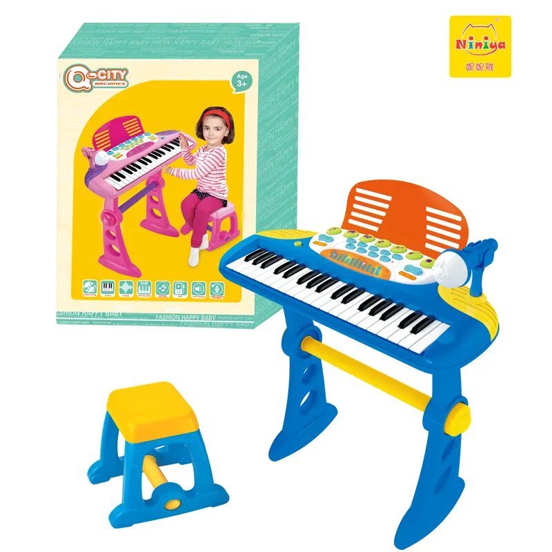 خرید عمده اسباب بازی موزیکال کیبورد/پیانو پایه دار 37 کلیده (دکمه صدای انواع سازها) با درخشش LEDهای رنگی و چهار پایه ست برای نشستن