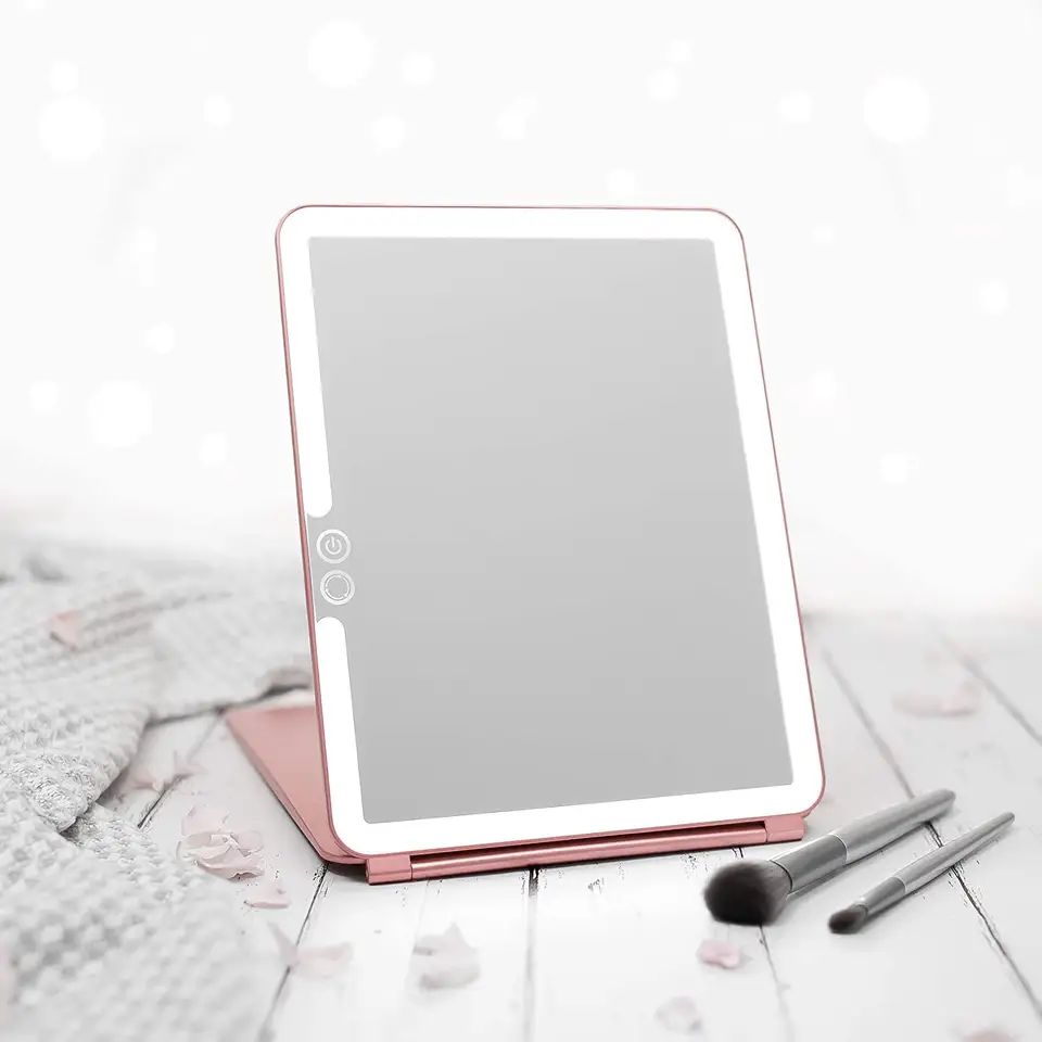 خرید عمده آینه آرایشی مربعی تاشو قابل حمل یک طرفه با قابلیت نورپردازی