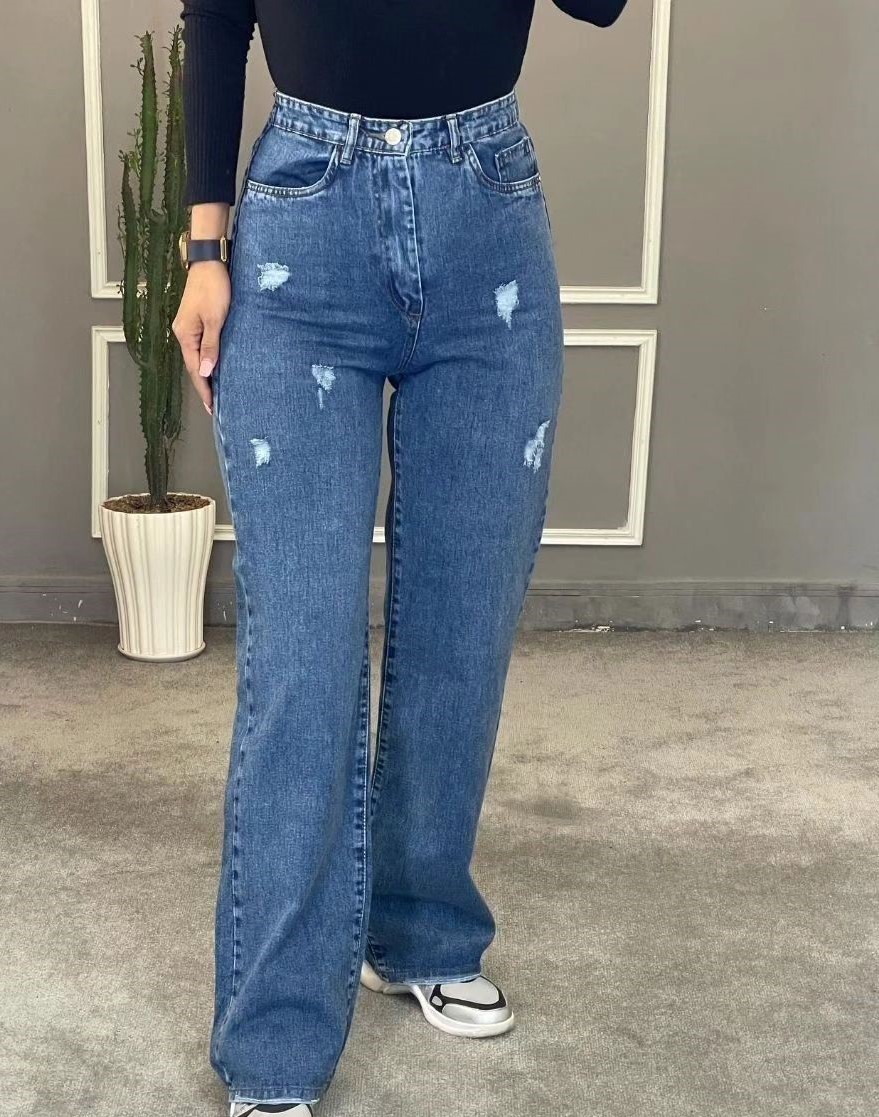 شلوار بگ از جنس جین پشت کش دارای سایزبندی رنگ آبی