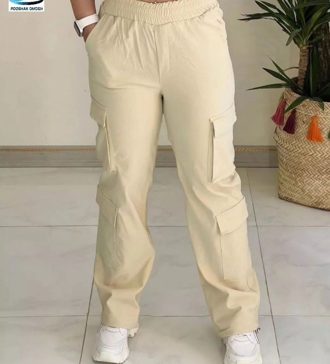 شلوار بگ کارگو 6 جیب کمرکش از جنس کتان کش فری سایز تا سایز 48 دارای رنگبندی