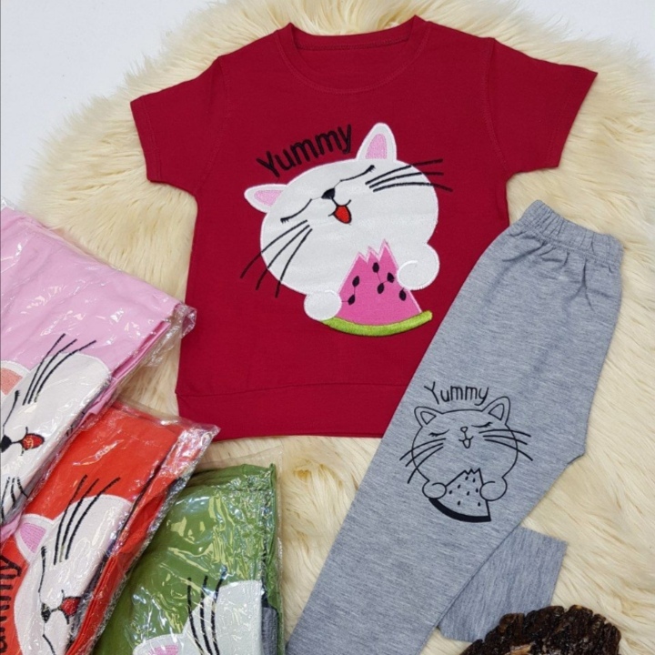 خرید عمده ست دخترانه تیشرت شلوارک طرح گربه در 4 رنگ و 3 سایز 