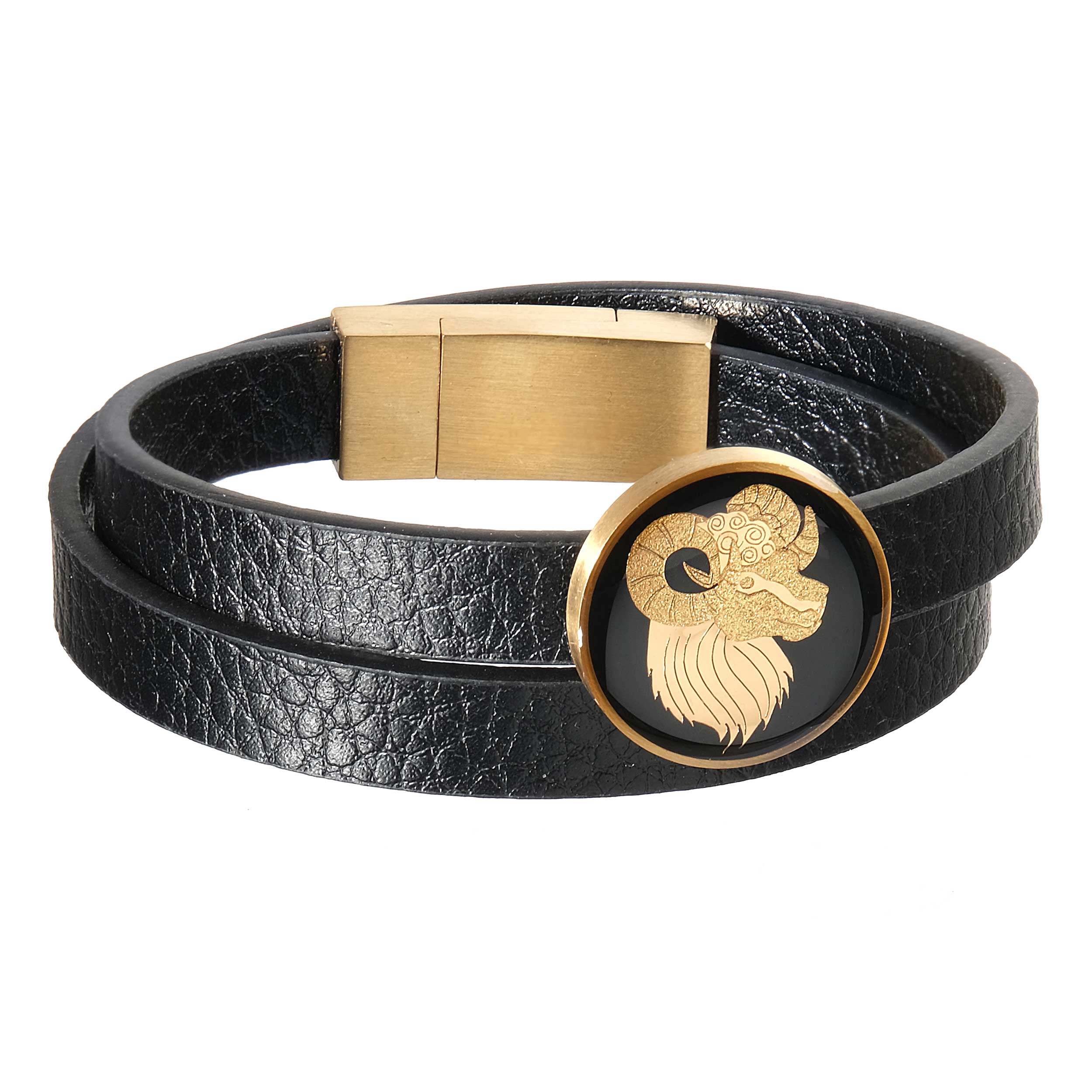 دستبند مردانه چرم و ورق طلای 24 عیار با طرح سمبل ماه فروردین
