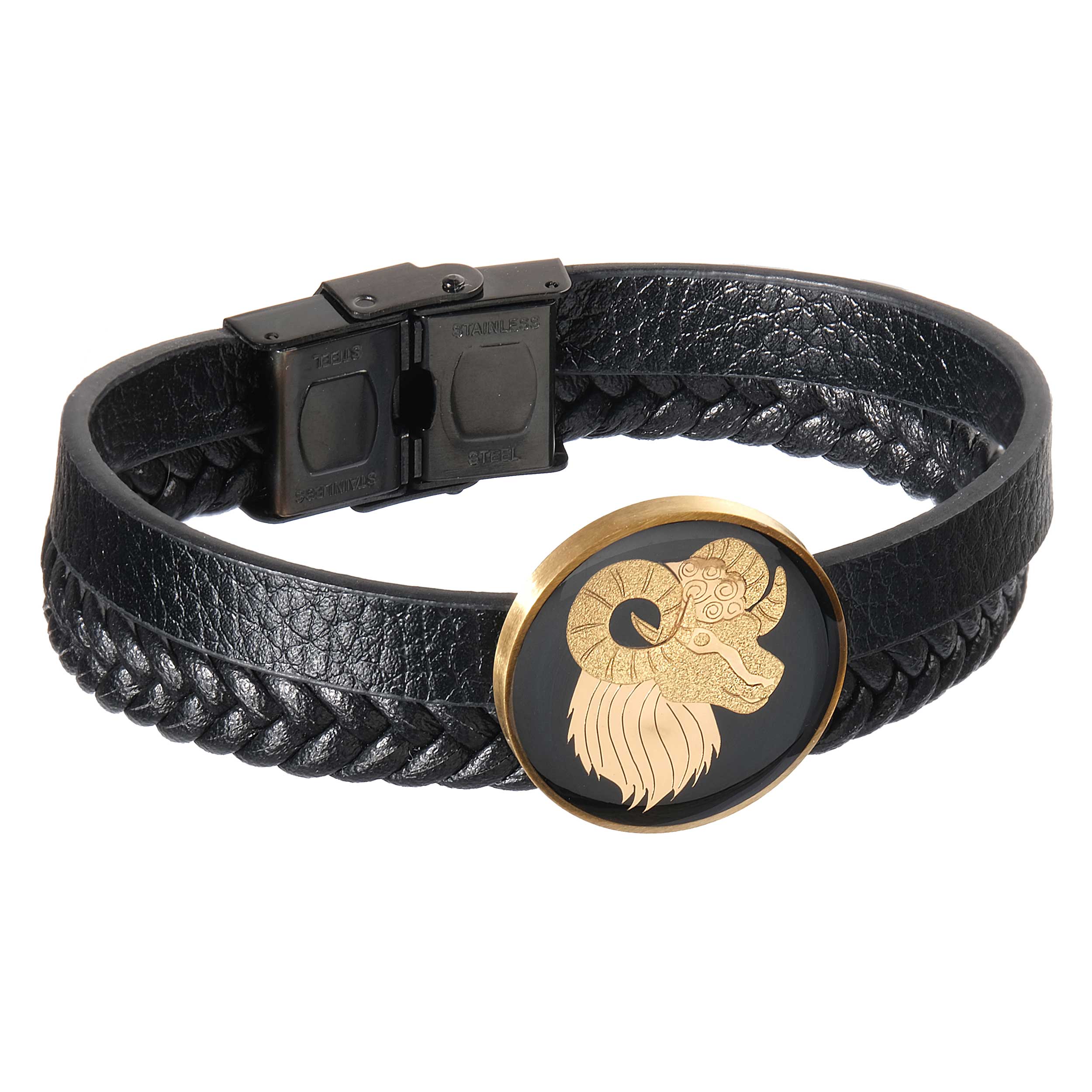 دستبند مردانه چرم و ورق طلای 24 عیار با طرح سمبل ماه فروردین (گیس بافت)