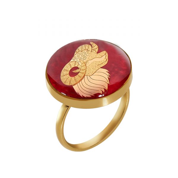 Jade stone ring and 24 carat gold leaf with the symbol design of April