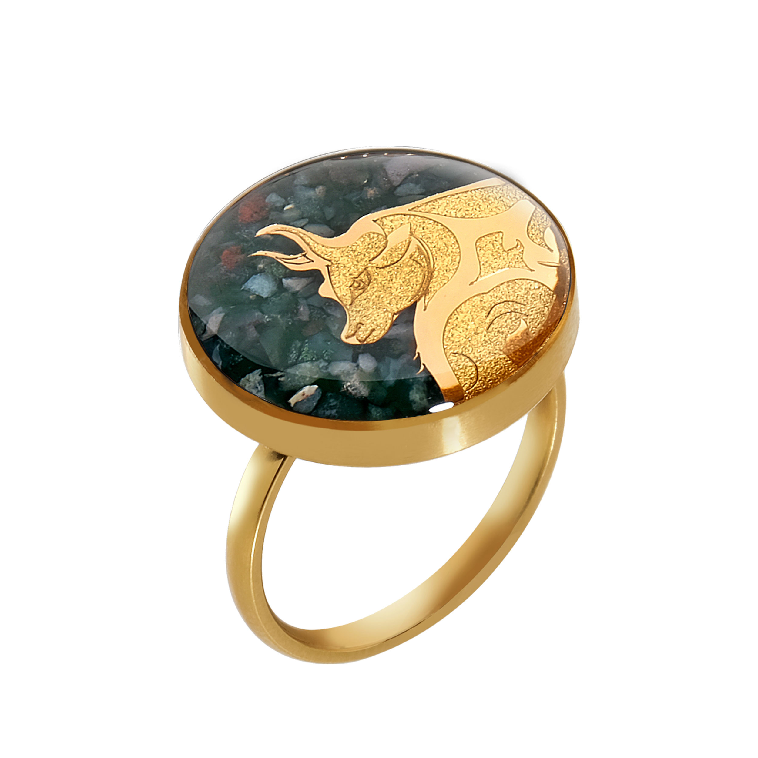 Agate ring and 24 carat gold leaf with the symbol design of May