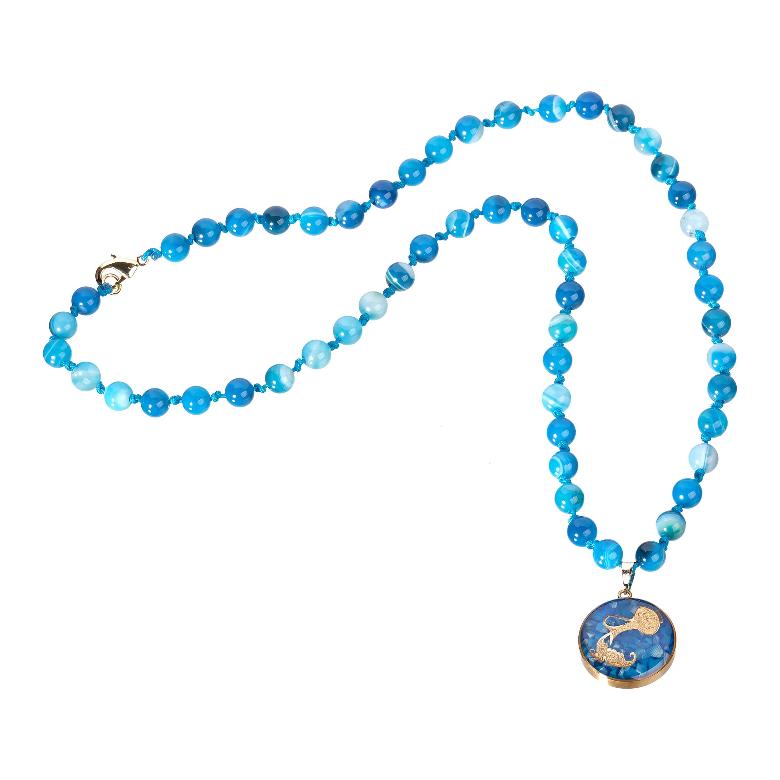 Blue agate necklace and 24 carat gold leaf with Bahman symbol design