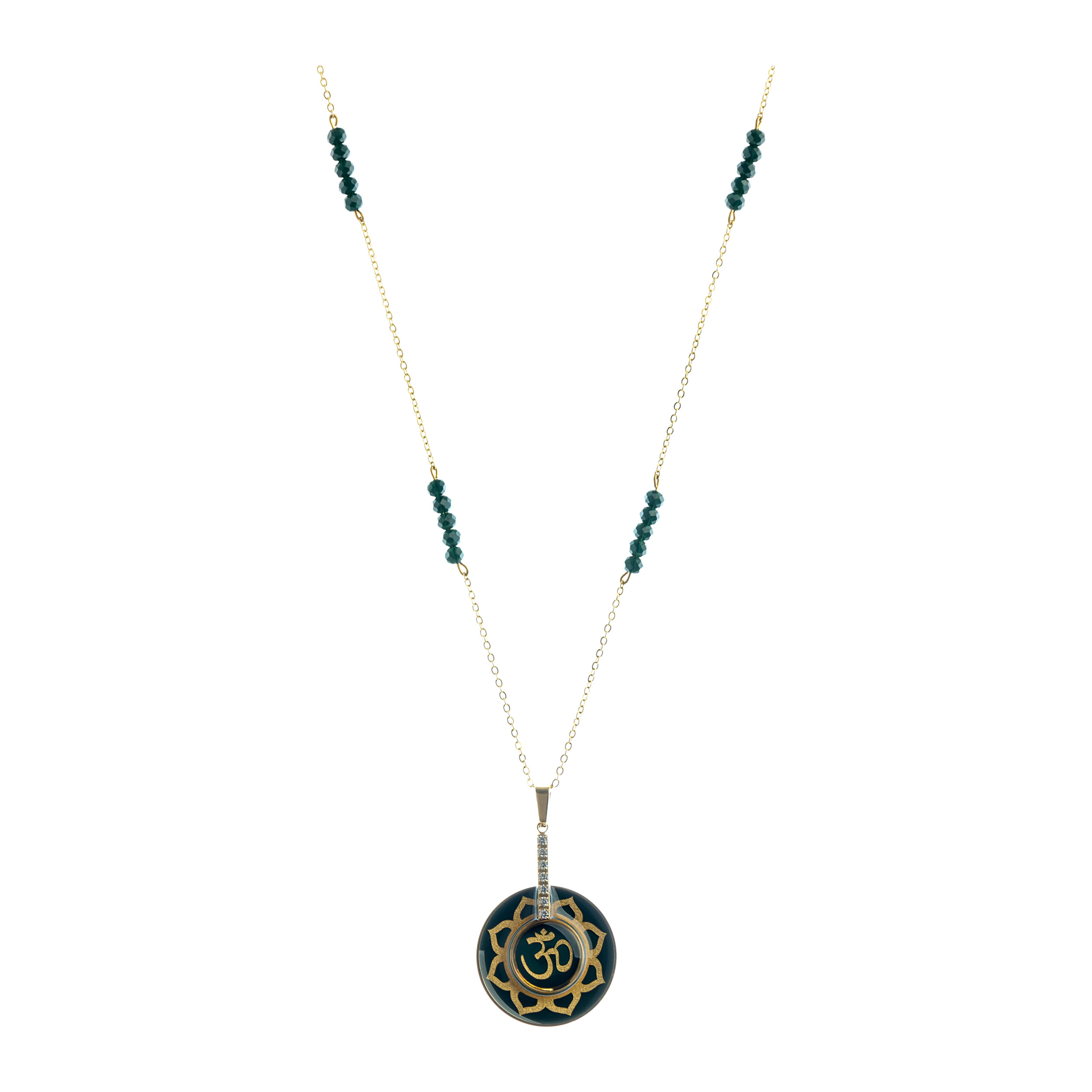 AUM green agate necklace and 24 carat gold leaf necklace