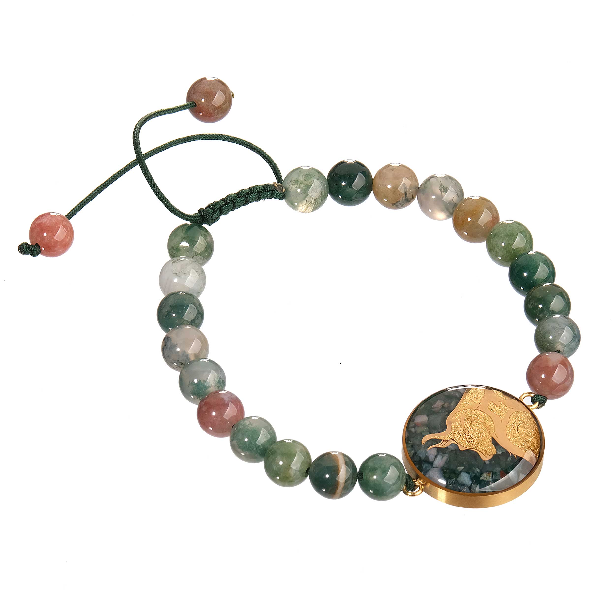 Green agate stone bracelet and 24 carat gold leaf with the symbol design of May