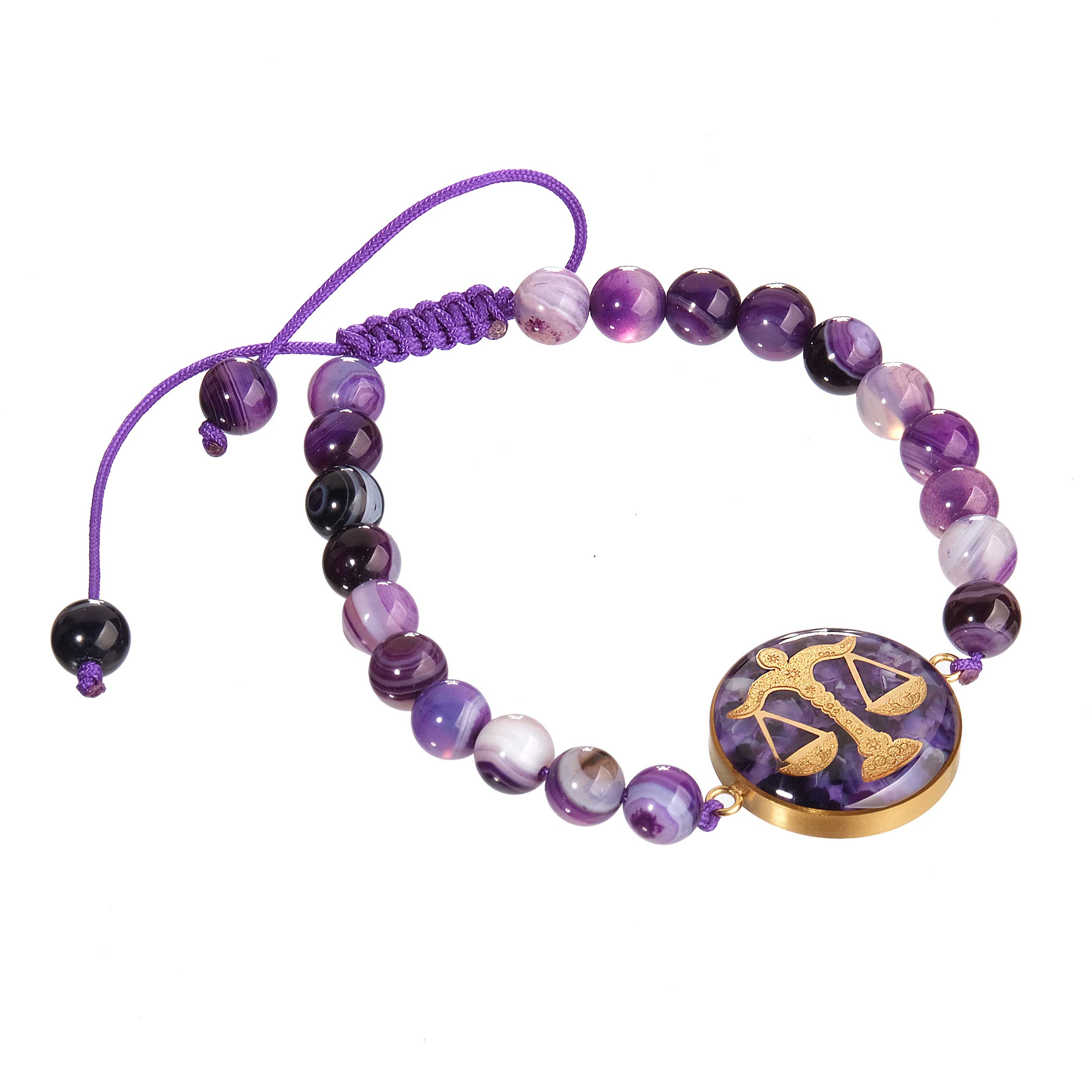 Purple agate stone bracelet and 24 carat gold leaf with the symbol of October