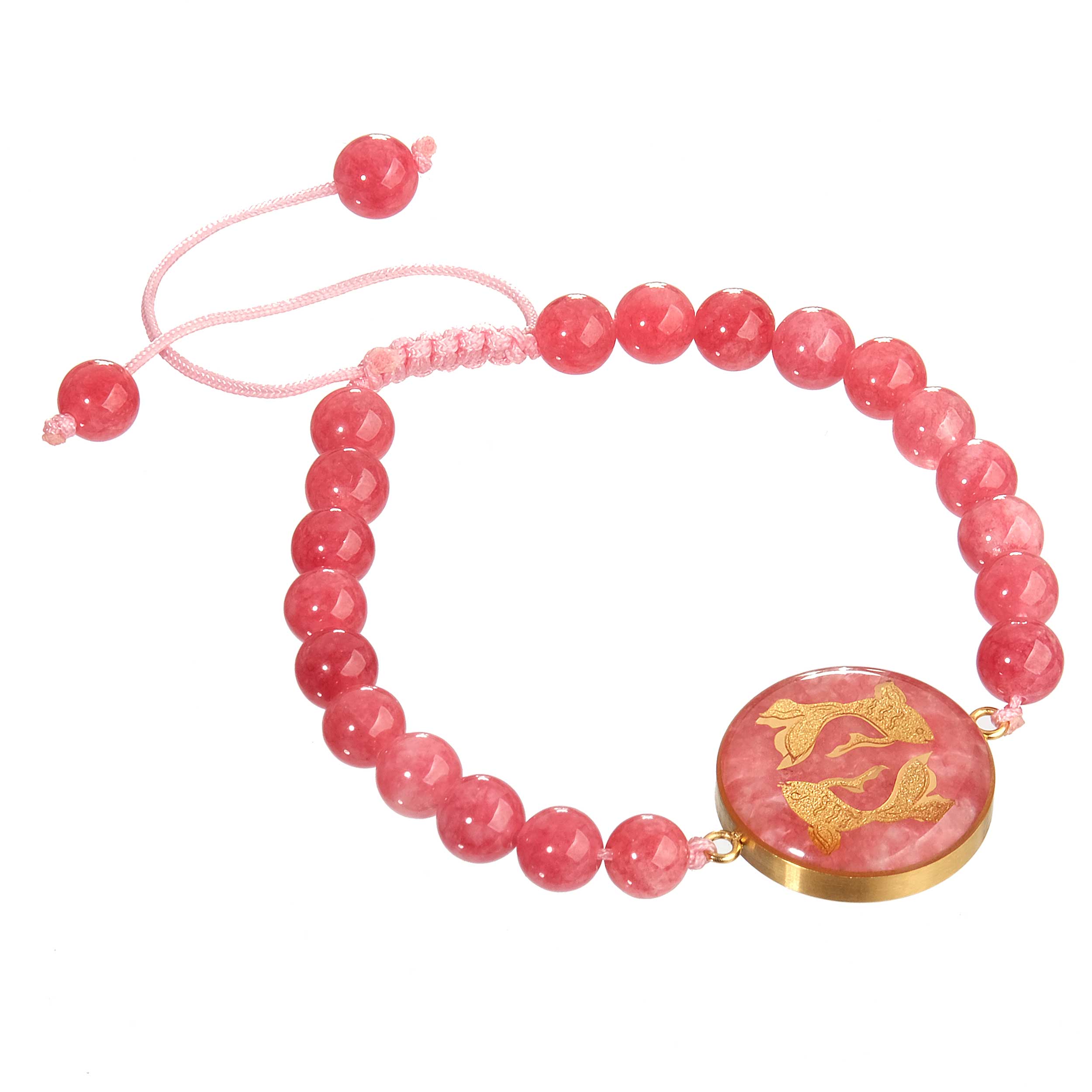 Pink jade pink bracelet with 24 carat gold leaf with the symbol design of March