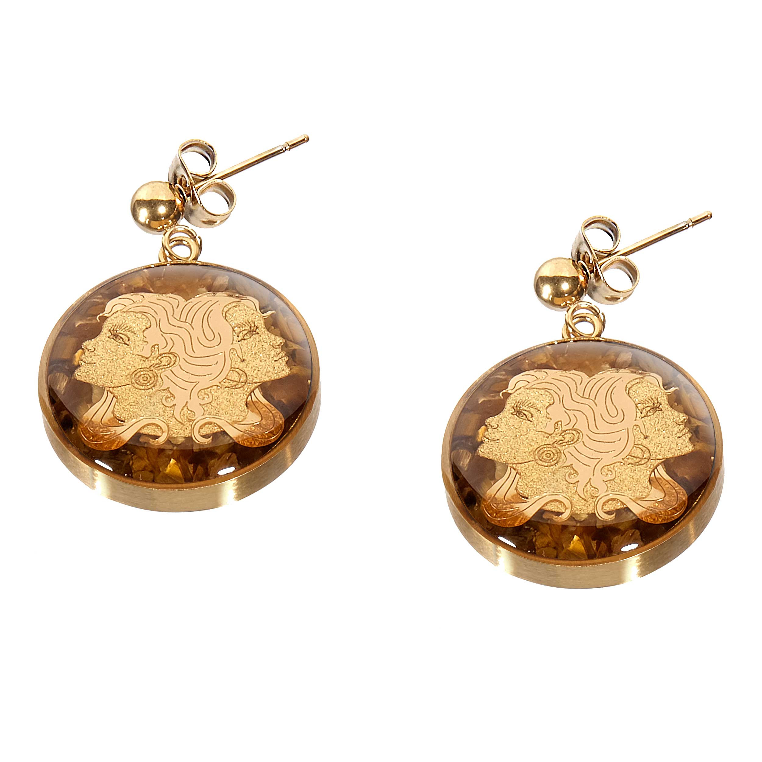 Brown tiger stone earrings and 24 carat gold leaf with the symbol design of June