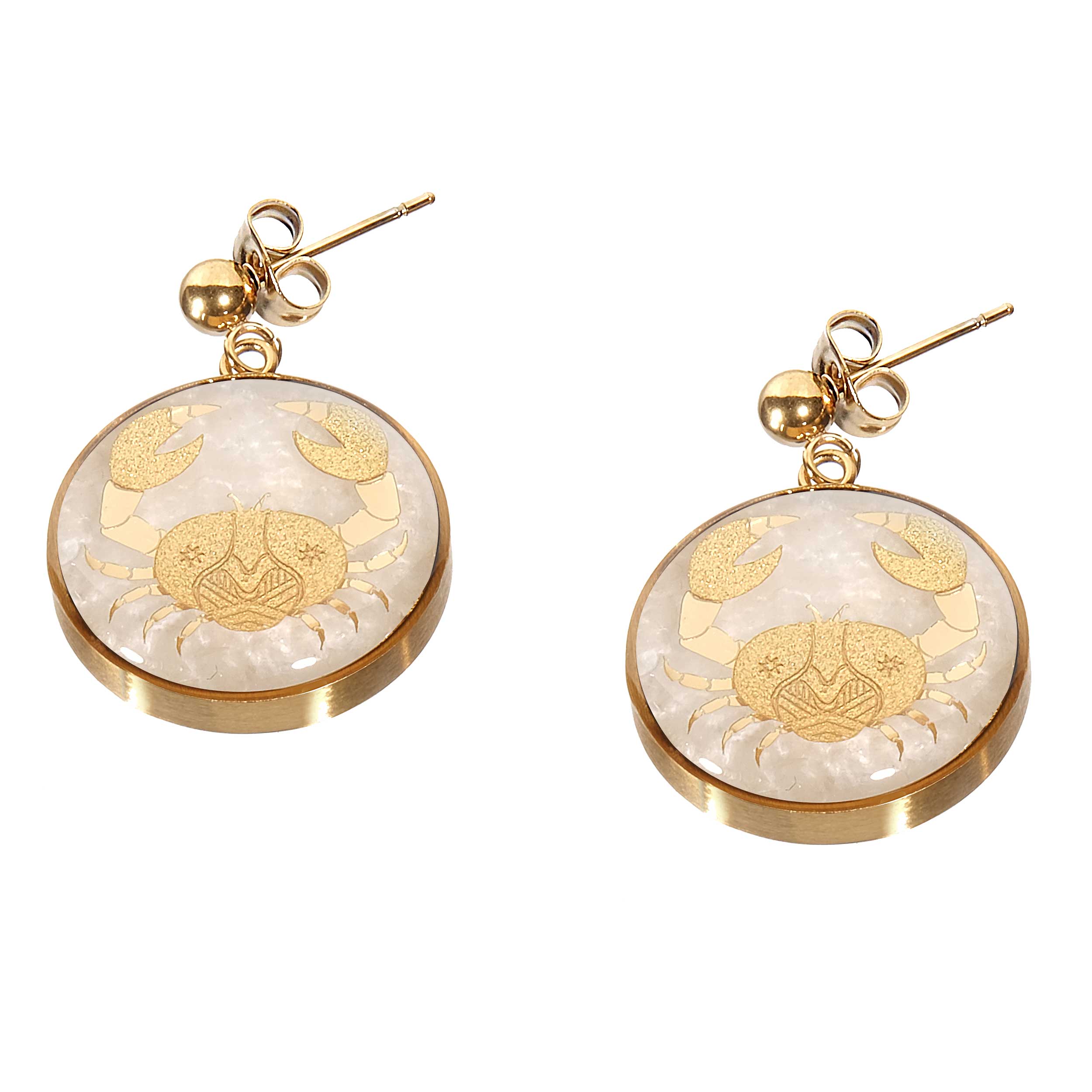 Shell stone earrings and 24 carat gold leaf with the symbol design of July
