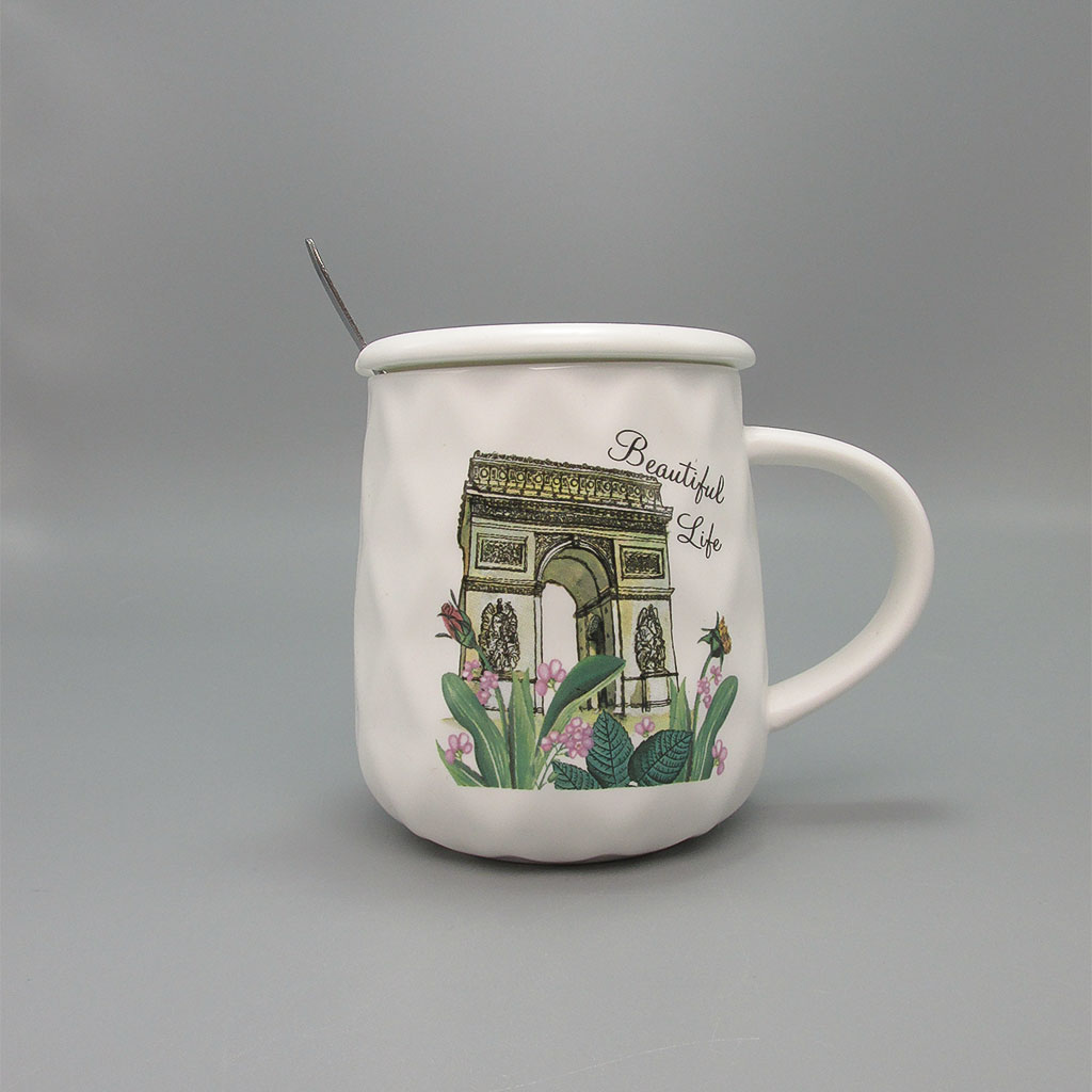 wholesale White ceramic mug with lid, victory arch design