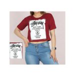 تیشرت نخی زنانه تک رنگ طرح Stussy - Image 3