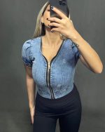 کراپ از جنس جین آستین پفی زیپ دار Free size مناسب برای سایز 36-44 - Image 2