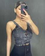 کراپ از جنس جین جلو پرچی Free size مناسب برای سایز 36-44 - Image 2
