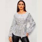پیراهن زنانه مجلسی آستین بلند پولک دوزی شده با مهره های منجوقی جنس PE/PVC دارای سایزبندی - Image 2