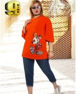 تیشرت لانگ جیبدار ، قواره دار طرح شهر میکی دارای رنگ بندی فری سایز