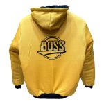 کاپشن مردانه طرح BOSS کلاه‌دار اسپرت دو رو تکه‌دار زرد مشکی شمعی داخل تمام پشم شیشه آستین کشی پایین کشی