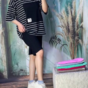 ست لانگ و شلوارک راه راه نخ پنبه ژامک
